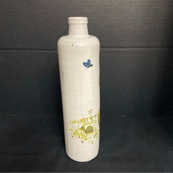 Vtg Stoneware Pottery Bottle Vase Vessel Hand Painted Flowers Turtle - Picture 5 of 8